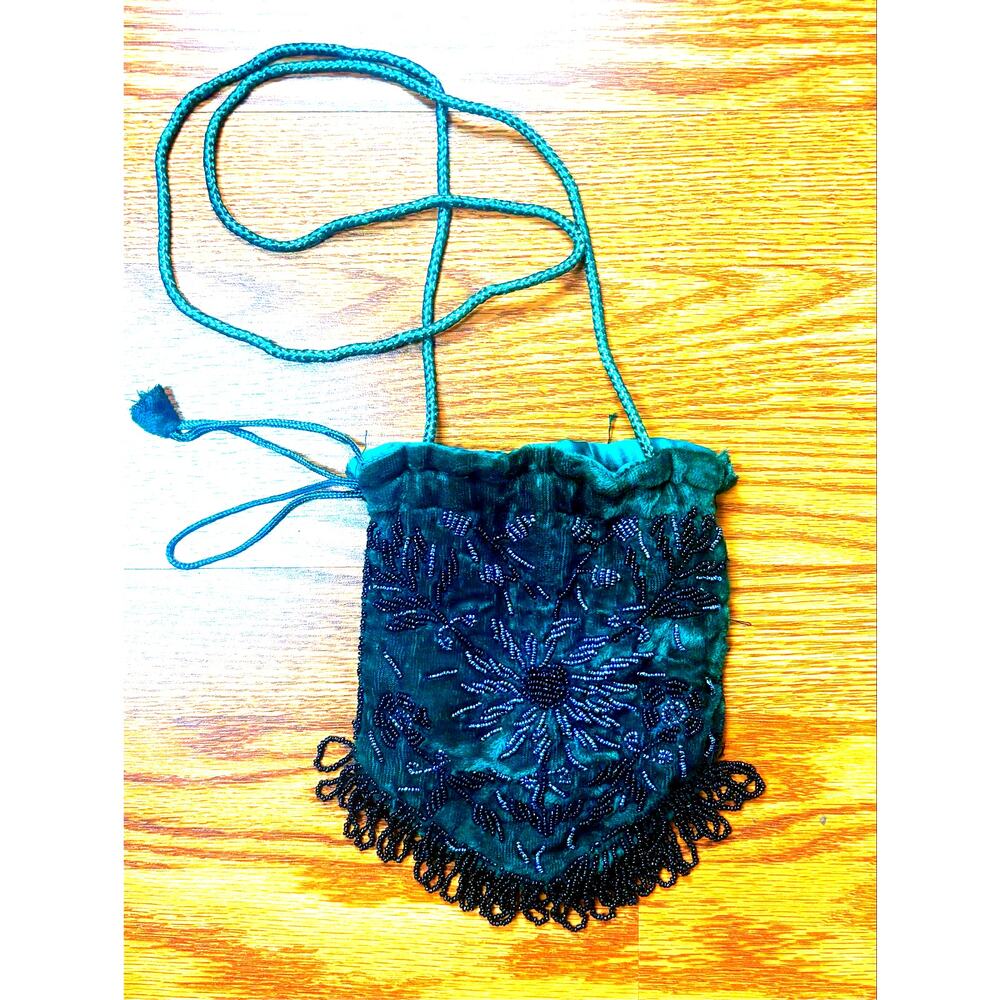 Vintage Emerald Green Velvet Beaded Drawstring Pouch Bag Fringe Evening